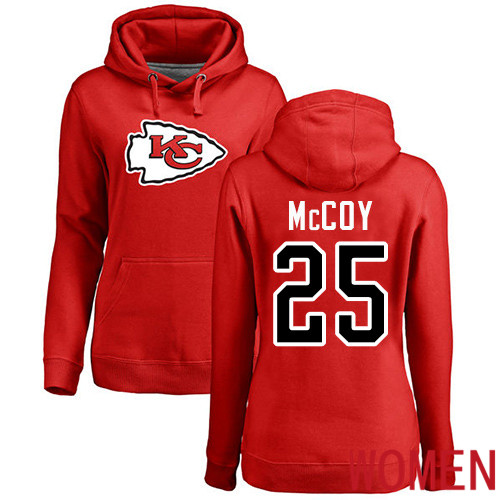 Women Football Kansas City Chiefs 25 McCoy LeSean Red Name and Number Logo Pullover Hoodie